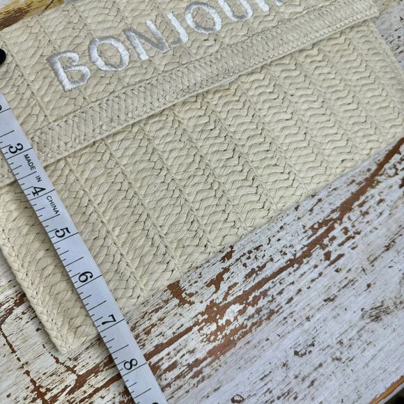 Neiman Marcus Embroidered Bonjour Straw Clutch NWOT - Picture 8 of 10